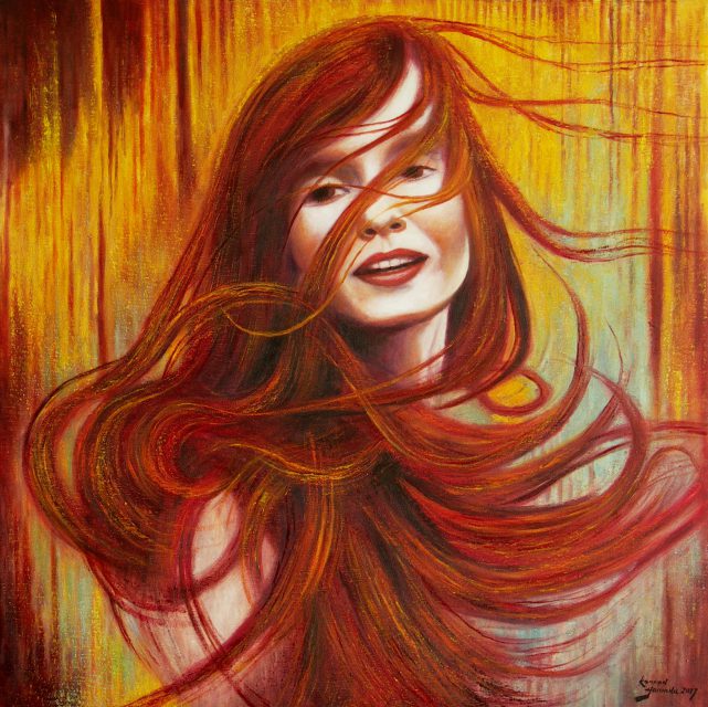 Obraz olejny przedstawiający rudowłosą dziewczynę