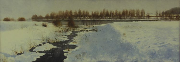 Zimowy pejzaż z rzeką i drzewami
